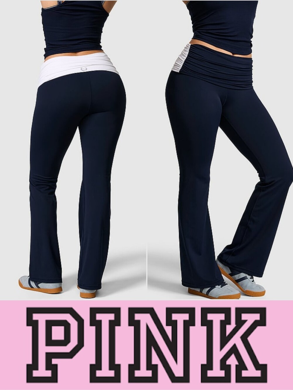 Victoria's Secret PINK Relay Flare  Leggings Sz L Navy Blue White Foldover